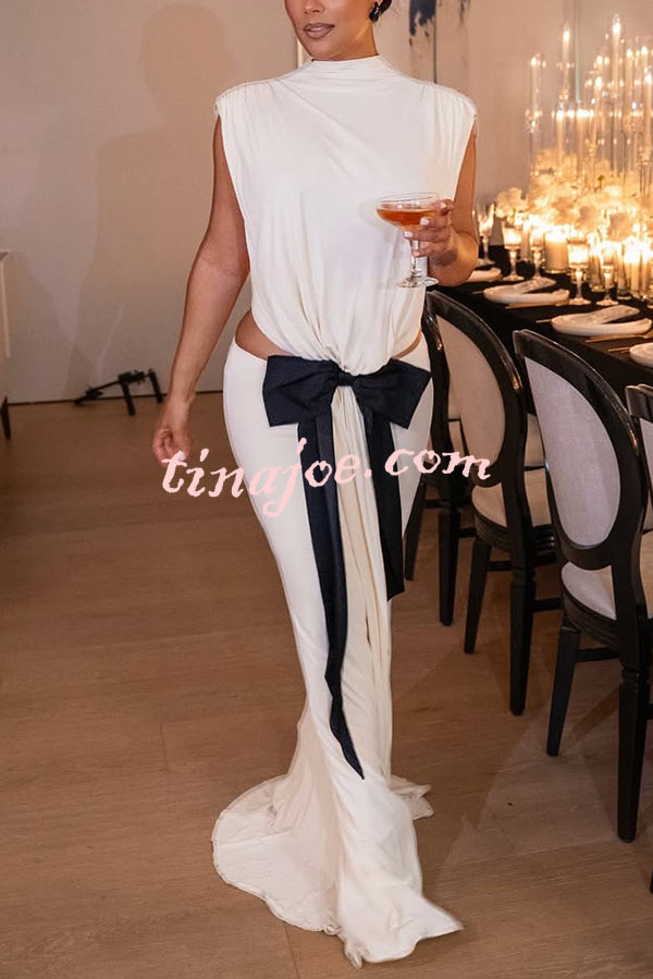 Sexy Open Back Bow Embellished Elegant Fishtail Maxi Dress