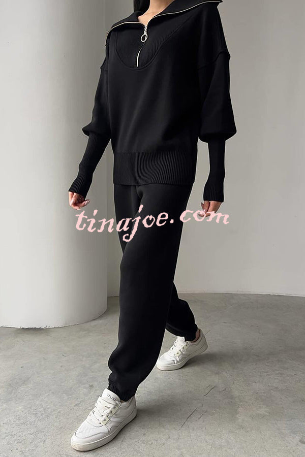 Solid Color Long-sleeved Zip-up Sweatshirt and Elastic Waist Loose Pocket Pants Set