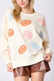 Halloween Colorful Pumpkin Embroidered Loose Casual Sweatshirt