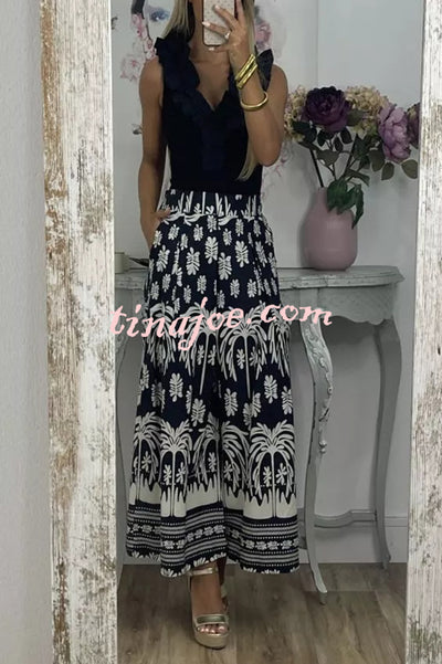 Unique Print Elastic Waist Loose Pocket Holiday Wide Leg Pants