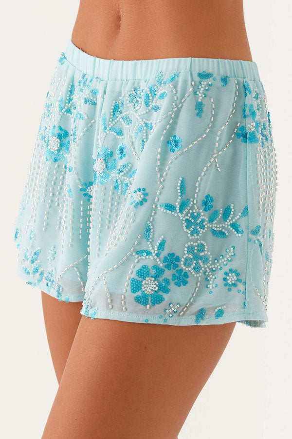 Dazzling Sequin Beaded Material Low Rise Elastic Waist Loose Shorts