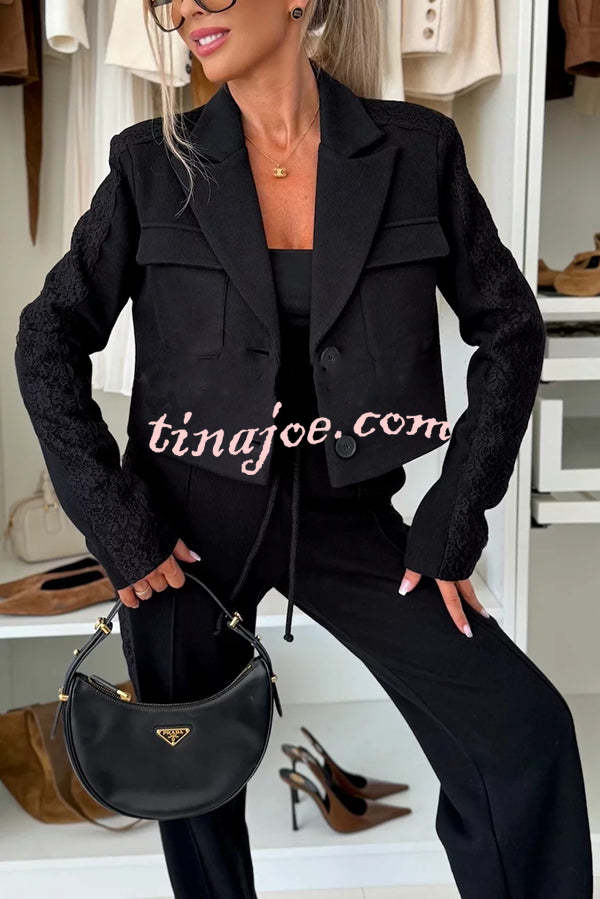 Fashion Lace Panel Long-sleeved Crop Top and Elastic Waist Tie Pocket Casual Pants Set