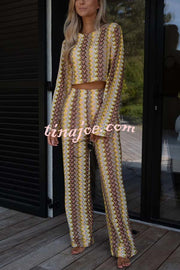 Tamia Knit Colorful Wave Unique Print Crop Top and Stretch Wide Leg Pants Set
