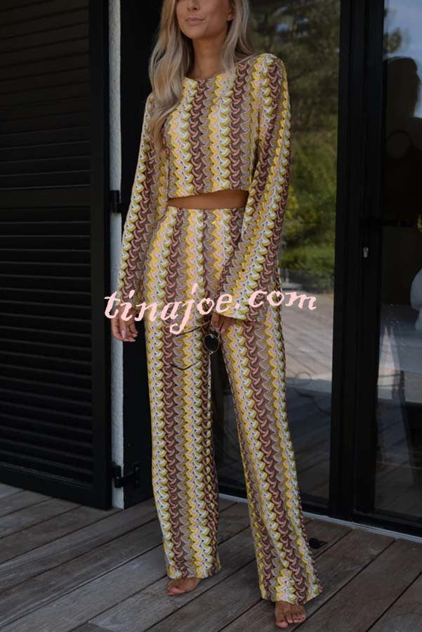 Tamia Knit Colorful Wave Unique Print Crop Top and Stretch Wide Leg Pants Set