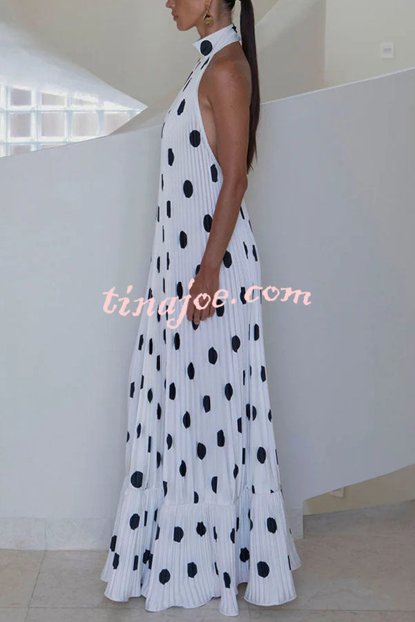 Really Special Pleated Polka Dot Print High Halter Neck A-line Maxi Dress