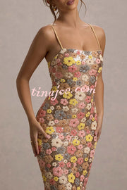 80's Inspired Floral Print Sequin Square Neck Slip Stretch Maxi Dress
