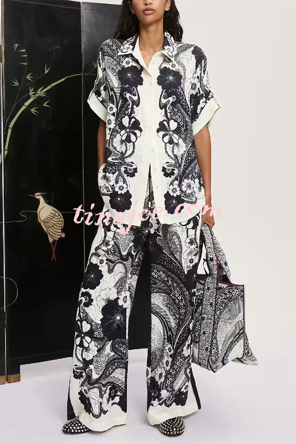 Linen Blend Lapel Short Sleeve Loose Top and Elastic Waist Casual Pocket Wide Leg Pants Set