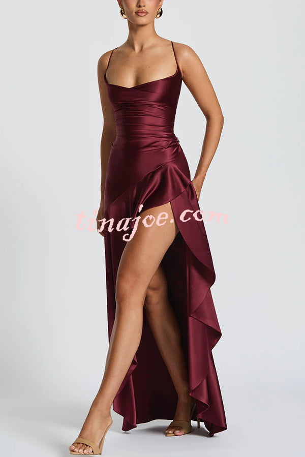 Solid Color Sexy Backless Lace-up Irregular Ruffled Maxi Dress