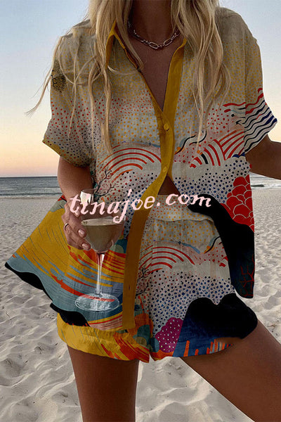 Colorful Cloud Print Loose Button Elastic Waist Shorts Set