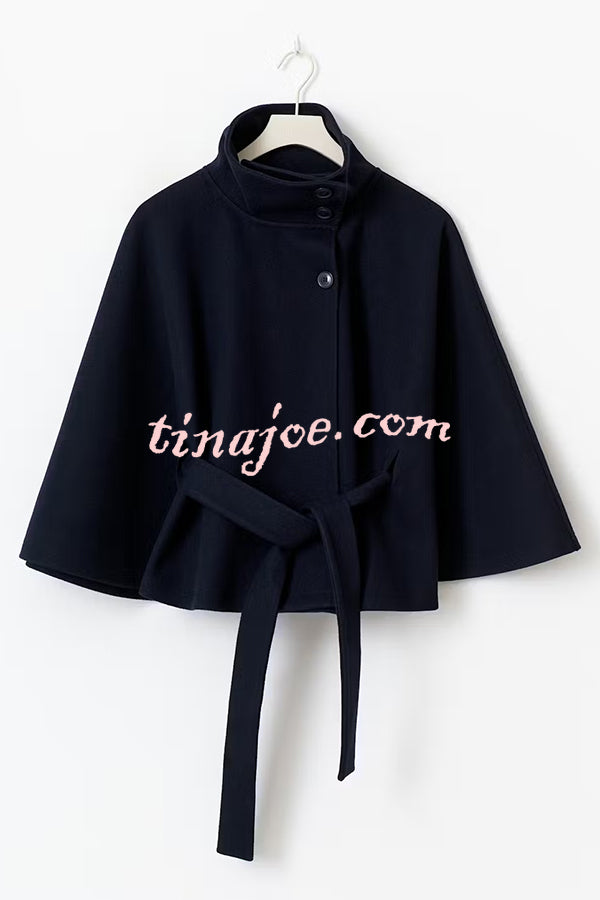 Fashionable Stand Collar Button Waist Tie Loose Cape