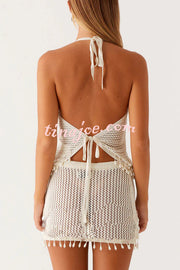 Fashion Knit Hollow Back Top and Embellished Fitted Stretch Beach Mini Skirt Set