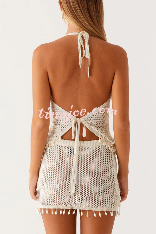 Fashion Knit Hollow Back Top and Embellished Fitted Stretch Beach Mini Skirt Set