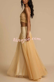 Romance Factor Satin Patchwork Tulle High Rise Elastic Waist A-line Maxi Skirt