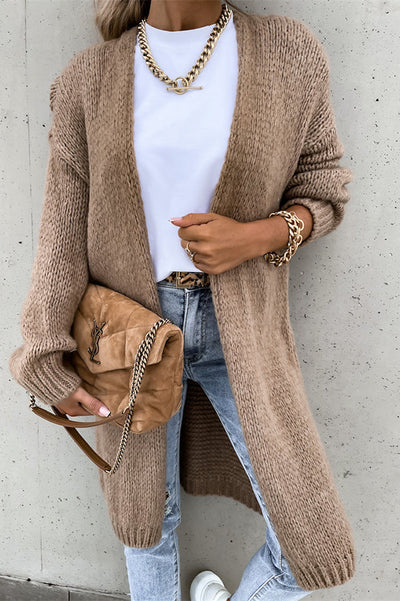 Solid Color V-neck Knitted Long-sleeved Oversized Midi Cardigan