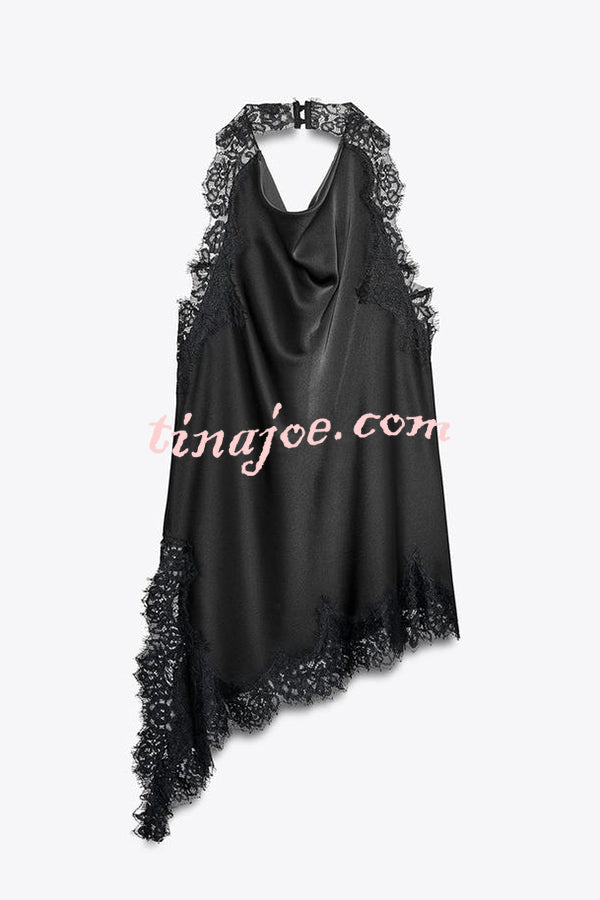 Dolly Satin Lace Trim Halter Cowl Neck Asymmetric Hem Tank