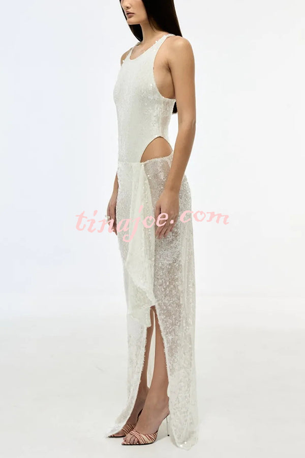 Fashion Sequin Sleeveless Fitted Rompers and Holiday Slit Maxi Skirt Set