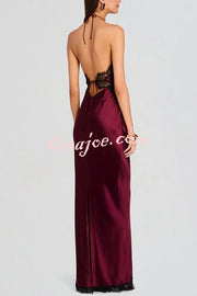 Everly Contrast Color Satin Lace Trim Halter Back Lace-up Flare Maxi Dress