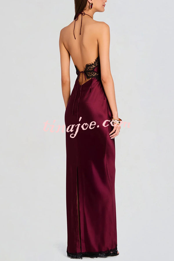 Everly Contrast Color Satin Lace Trim Halter Back Lace-up Flare Maxi Dress