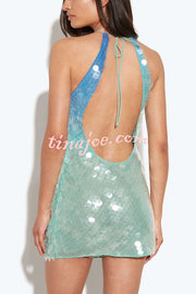 Fashion Sexy Sequined Backless Halter Neck Slim Fit Mini Dress