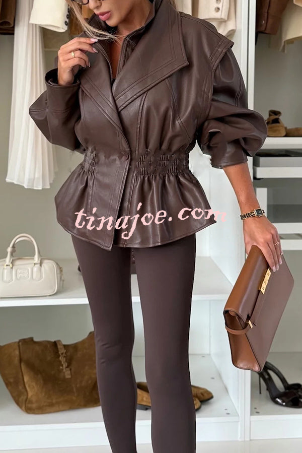 Play It Cool Faux Leather Single Button Elastic Waist Lapel Moto Jacket