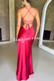 Satin Solid Color Sexy Backless Lace Up High Slit Maxi Dress