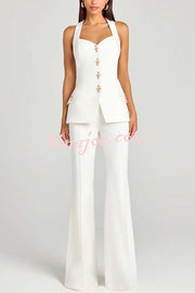 Women Power Metal Cross Snap Button Sweetheart Neck Wide Strap Vest