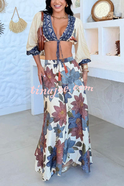 Unique Printed V-Neck Tie Cropped Top and Elastic Waist Casual Maxi Skirt Set