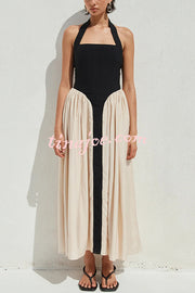 Fashion Contrast Color Stitching Sleeveless Backless Slim Maxi Dress