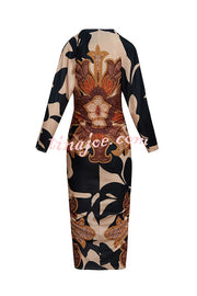 Verra Unique Print Dolman Long Sleeve Ruched Slit Midi Dress