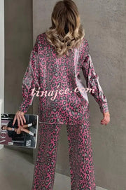 Leopard Print Long-sleeved Casual Top and Loose Elastic Waist Tie Pants Set