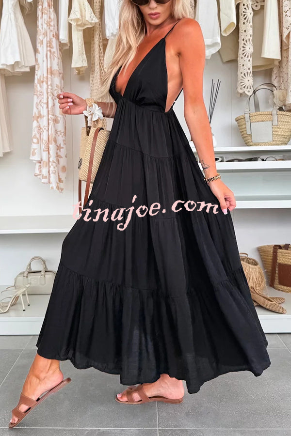 Bohemian Style V-neck Backless Slip Layered Vacation Maxi Dress