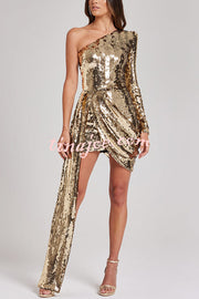 Party Season Sequin One Shoulder Asymmetrical Drape Hem Mini Dress