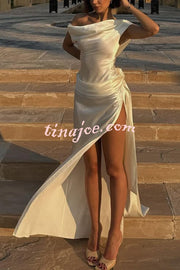 Darling Satin Cowl Neck 3D Rose Detail Backless Slit Drape Maxi Dress