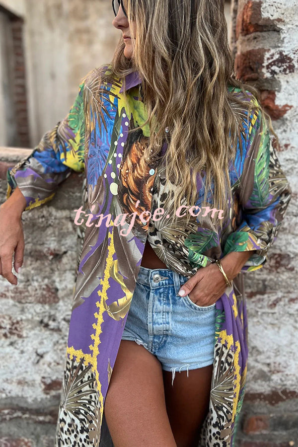 Jungle Miracle Animal Unique Print Button Long Sleeve Midi Relaxed Blouse