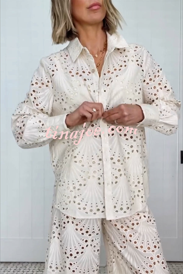 Lillah Embroidered Lace Shell Pattern Long Sleeve Loose Blouse