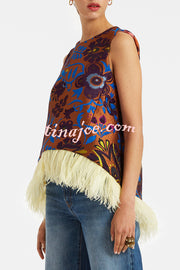 Emina Floral Feather Trim Trapezoidal Silhouette Asymmetrical Hem Top
