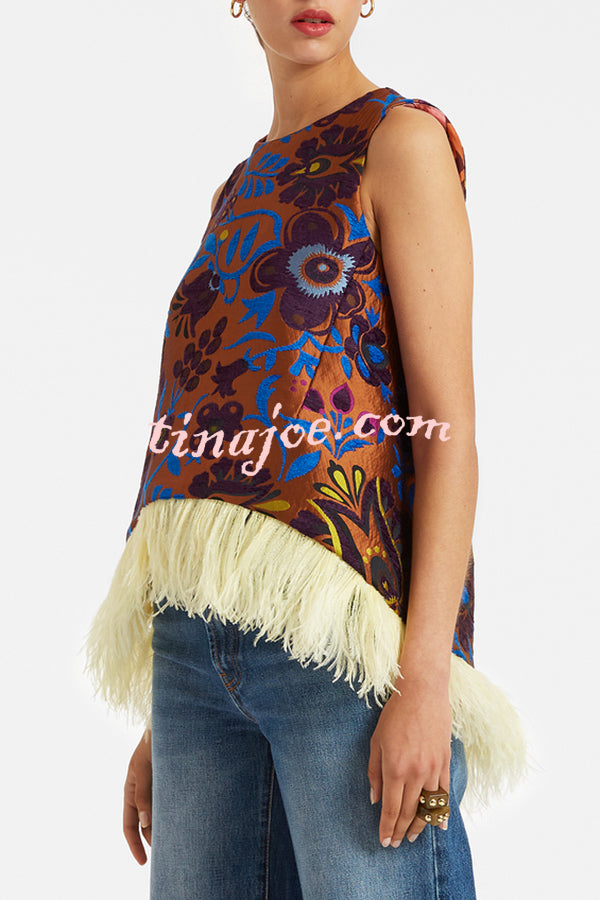 Emina Floral Feather Trim Trapezoidal Silhouette Asymmetrical Hem Top