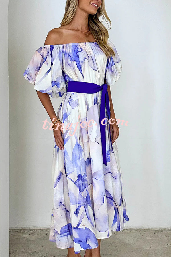 Floral Print Elegant Puff Sleeve Tie-Waist Midi Dress