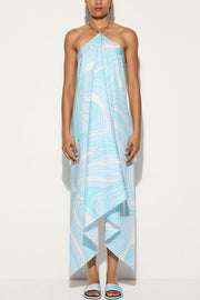 Elmhurst Satin Unique Print Chain Halter Draped Scarf Midi Dress