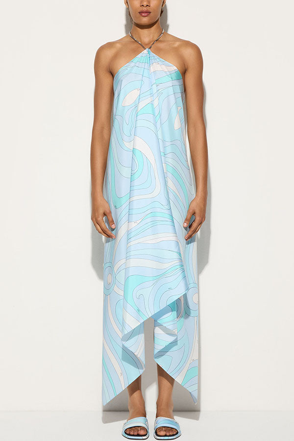 Elmhurst Satin Unique Print Chain Halter Draped Scarf Midi Dress