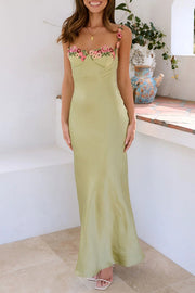 Endless Love Satin Embroidered Flower Trim Strap Maxi Dress