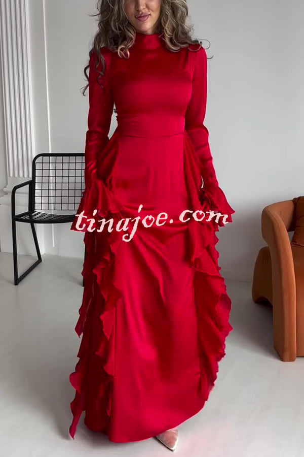 Cline Solid Color High Neck Long Sleeve Elegant Ruffles Maxi Dress