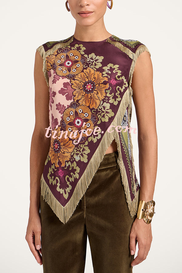 Stunning Floral Print Asymmetric Tassel Trim Scarf Top