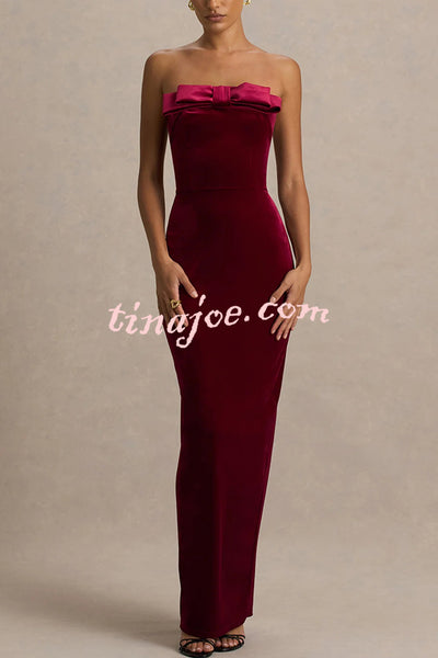 Illusion Velvet Bandeau neck Bow detail Stretch Maxi Dress