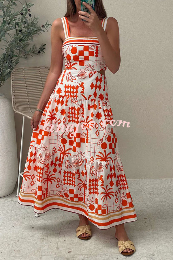 Unique Print Waist Cutout Back Gathered Suspender Maxi Dress