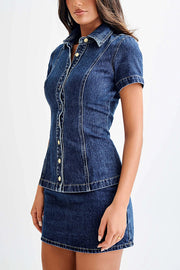 Modern Flavor Denim Short Sleeve Button Up Princess Seams Stretch Top