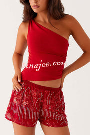 Dazzling Sequin Beaded Material Low Rise Elastic Waist Loose Shorts