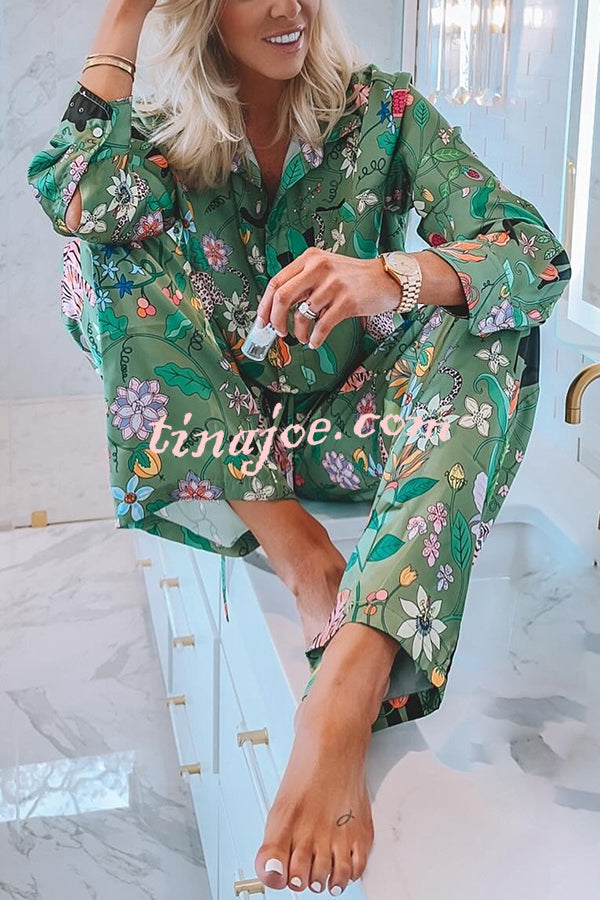 Quiet Jungle Satin Unique Print Long Sleeve Shirt and Elastic Waist Pocket Lounge Pants Set