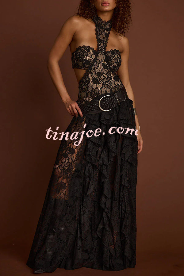 A Girls' Trip Lace High Neck Cutout Drop Waist Ruffles Maxi Dress