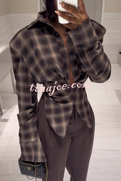 Vintage Plaid Shoulder Pad Buttons Long Sleeve Angled Hem Shirt